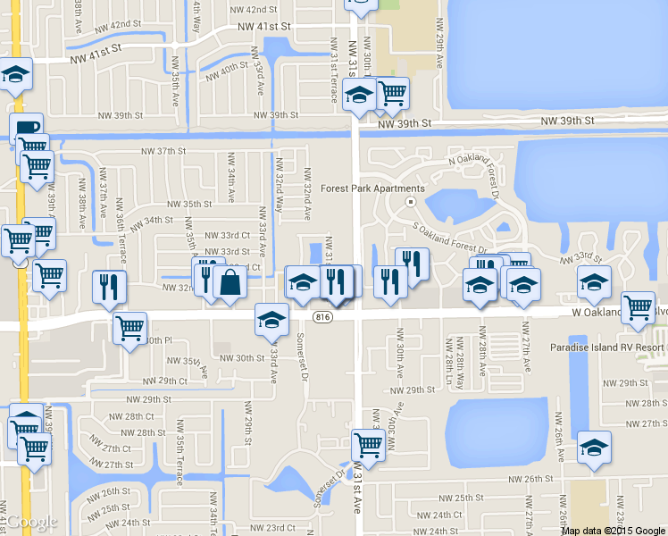 map of restaurants, bars, coffee shops, grocery stores, and more near 3239 Northwest 31st Terrace in Lauderdale Lakes