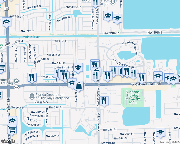 map of restaurants, bars, coffee shops, grocery stores, and more near 3239 Northwest 31st Terrace in Lauderdale Lakes