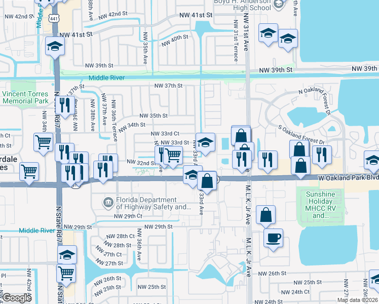 map of restaurants, bars, coffee shops, grocery stores, and more near 3300 Northwest 33rd Avenue in Lauderdale Lakes