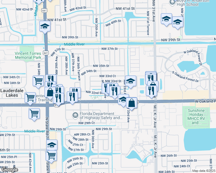 map of restaurants, bars, coffee shops, grocery stores, and more near 3499 Northwest 32nd Court in Lauderdale Lakes