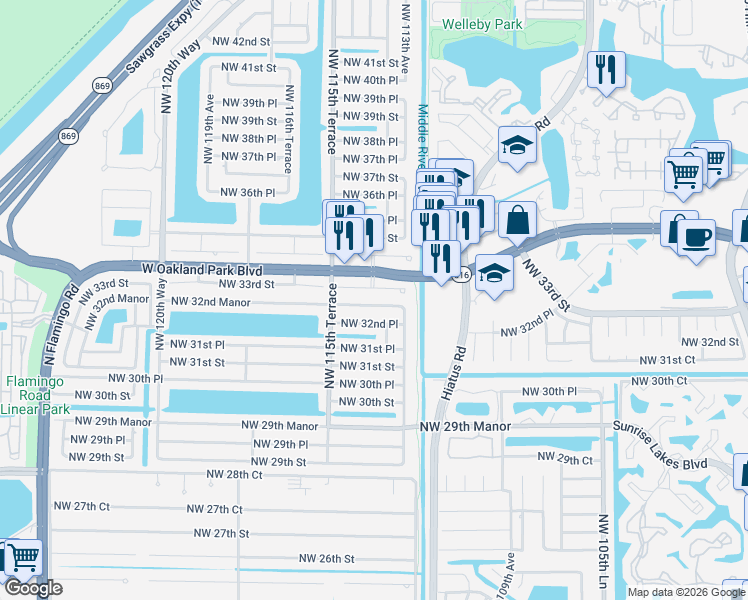 map of restaurants, bars, coffee shops, grocery stores, and more near 11338 Northwest 33rd Street in Sunrise