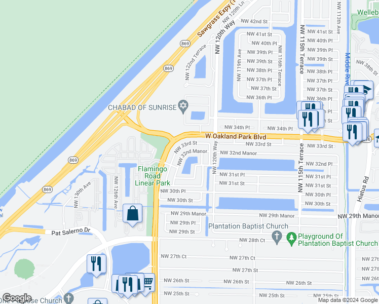 map of restaurants, bars, coffee shops, grocery stores, and more near 12265 Northwest 32nd Manor in Sunrise