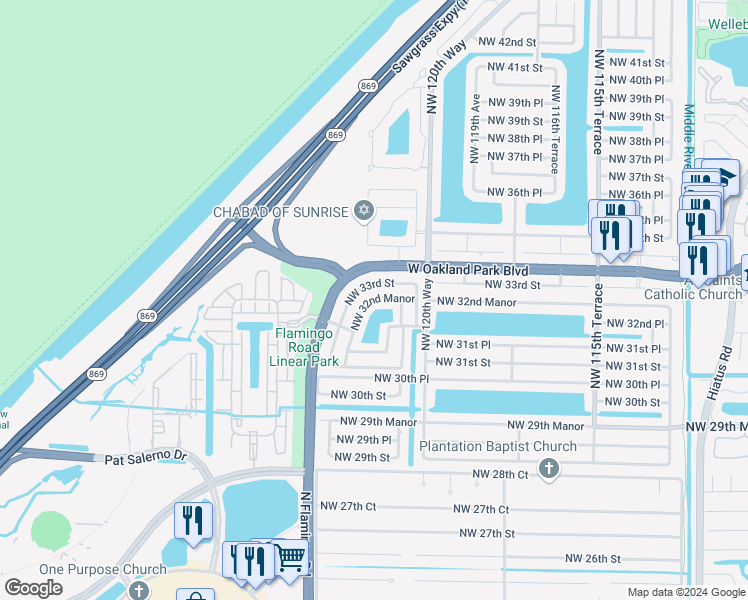 map of restaurants, bars, coffee shops, grocery stores, and more near 12265 Northwest 32nd Manor in Sunrise