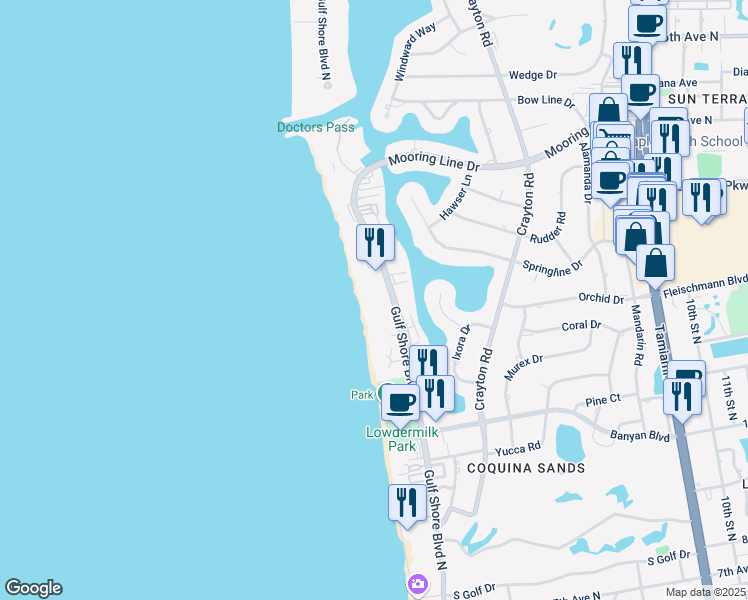 map of restaurants, bars, coffee shops, grocery stores, and more near 1851 Gulf Shore Boulevard North in Naples