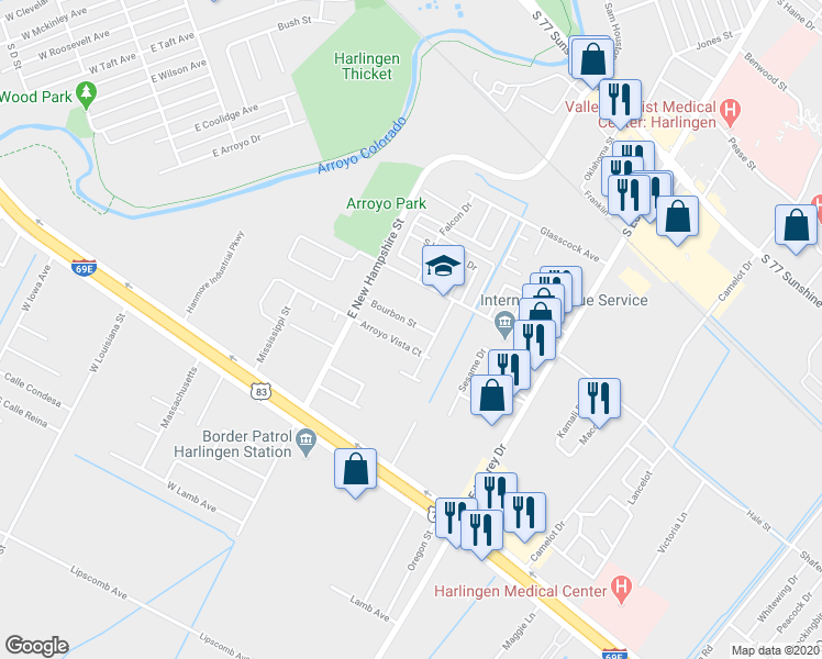 map of restaurants, bars, coffee shops, grocery stores, and more near 3917 Bourbon Street in Harlingen