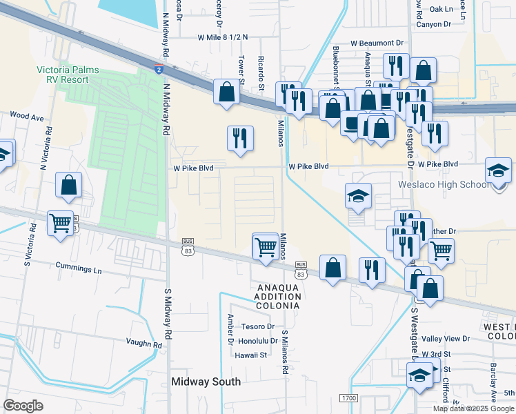 map of restaurants, bars, coffee shops, grocery stores, and more near 600 North Milano Road in Weslaco