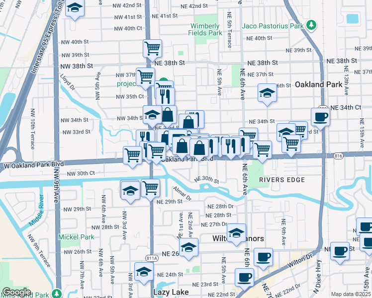 map of restaurants, bars, coffee shops, grocery stores, and more near 232 Northeast 32nd Street in Oakland Park