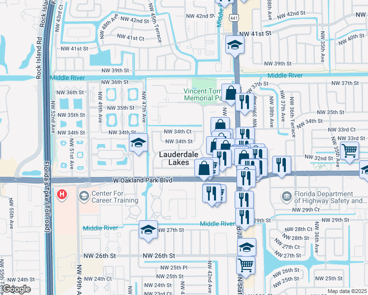 map of restaurants, bars, coffee shops, grocery stores, and more near 4420 Northwest 34th Street in Lauderdale Lakes