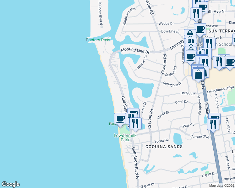 map of restaurants, bars, coffee shops, grocery stores, and more near 1851 Gulf Shore Boulevard North in Naples