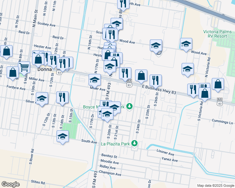 map of restaurants, bars, coffee shops, grocery stores, and more near 201 South 21st Street in Donna
