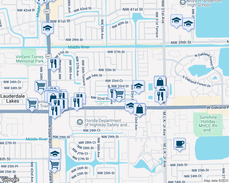 map of restaurants, bars, coffee shops, grocery stores, and more near 3499 Northwest 32nd Court in Lauderdale Lakes