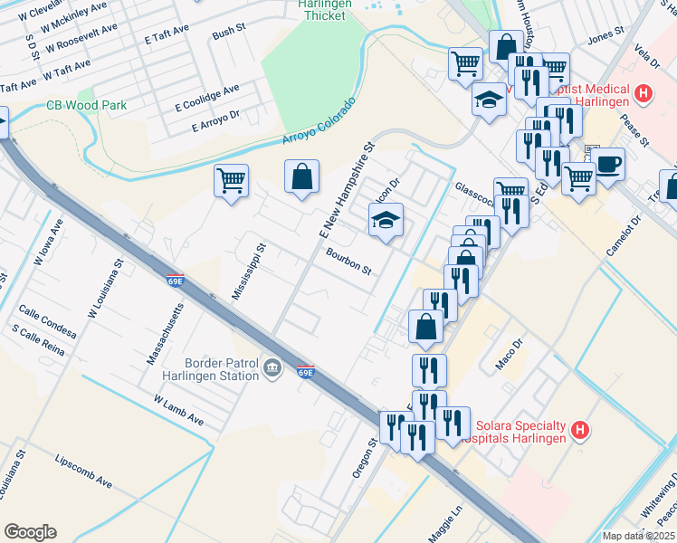 map of restaurants, bars, coffee shops, grocery stores, and more near 3825 Arroyovista Court in Harlingen