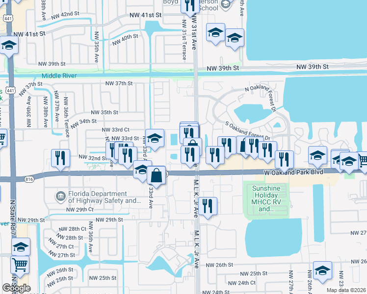 map of restaurants, bars, coffee shops, grocery stores, and more near 3239 Northwest 31st Terrace in Lauderdale Lakes