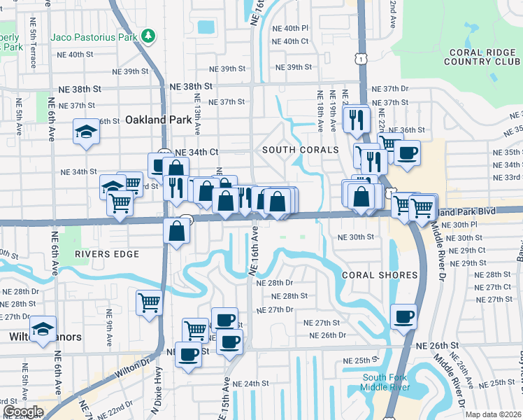 map of restaurants, bars, coffee shops, grocery stores, and more near 1601 East Oakland Park Boulevard in Oakland Park