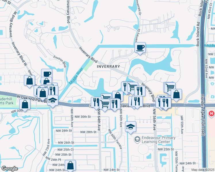 map of restaurants, bars, coffee shops, grocery stores, and more near 3301 Spanish Moss Terrace in Lauderhill