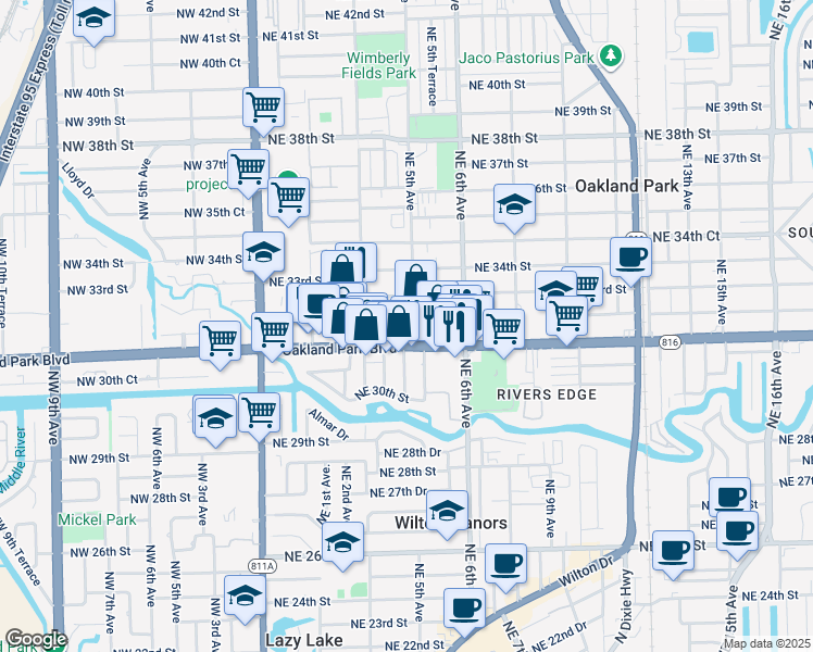 map of restaurants, bars, coffee shops, grocery stores, and more near in Oakland Park