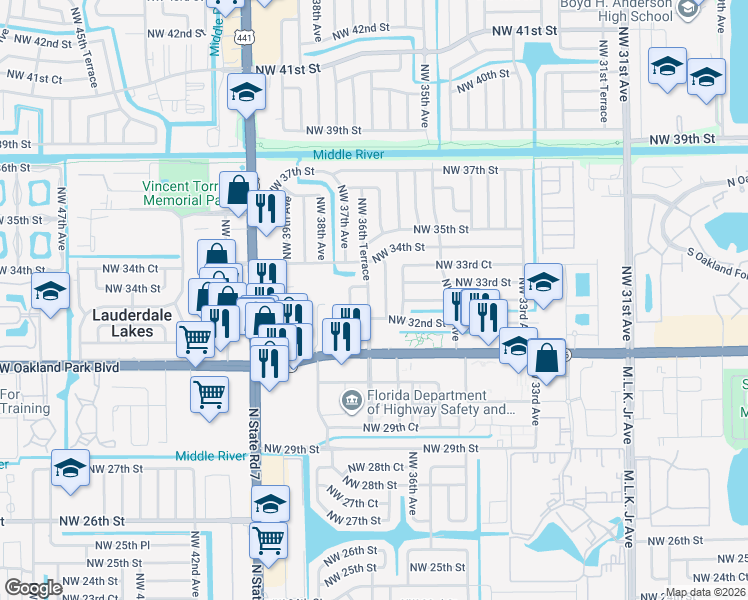 map of restaurants, bars, coffee shops, grocery stores, and more near 3334 Northwest 36th Terrace in Lauderdale Lakes