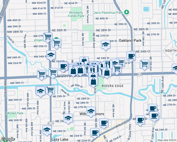 map of restaurants, bars, coffee shops, grocery stores, and more near 581 Northeast 32nd Street in Oakland Park
