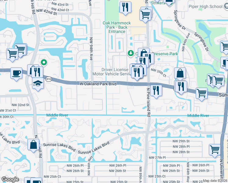 map of restaurants, bars, coffee shops, grocery stores, and more near 9133 Northwest 33rd Place in Sunrise