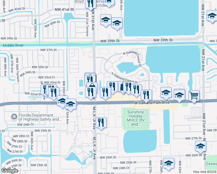 map of restaurants, bars, coffee shops, grocery stores, and more near 3056 South Oakland Forest Drive in Oakland Park