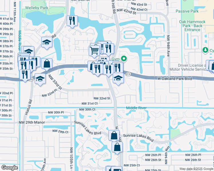 map of restaurants, bars, coffee shops, grocery stores, and more near in Sunrise