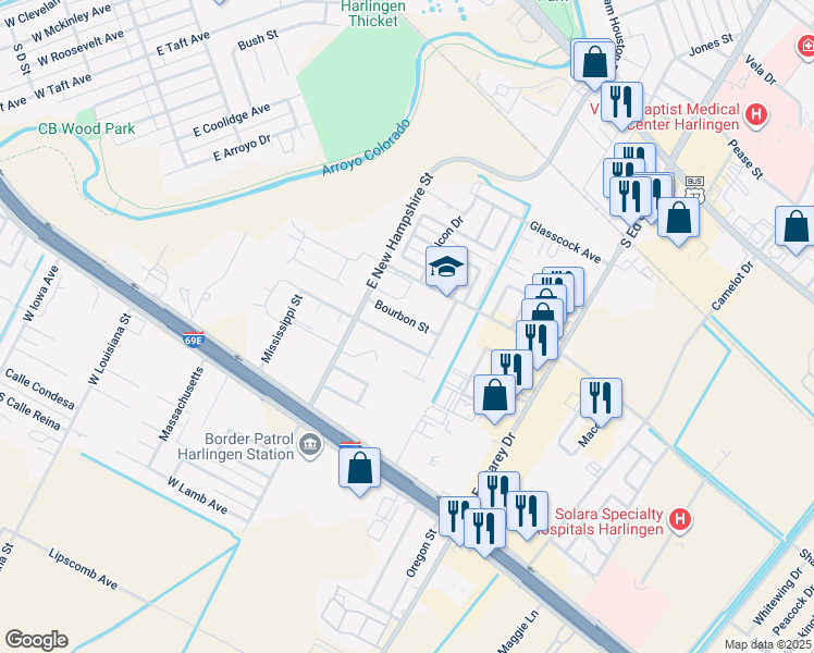 map of restaurants, bars, coffee shops, grocery stores, and more near 3825 Arroyovista Court in Harlingen