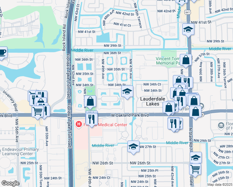 map of restaurants, bars, coffee shops, grocery stores, and more near 3341 Northwest 47th Terrace in Lauderdale Lakes
