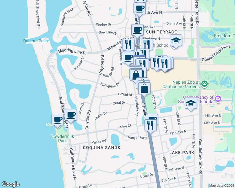 map of restaurants, bars, coffee shops, grocery stores, and more near 670 Orchid Drive in Naples