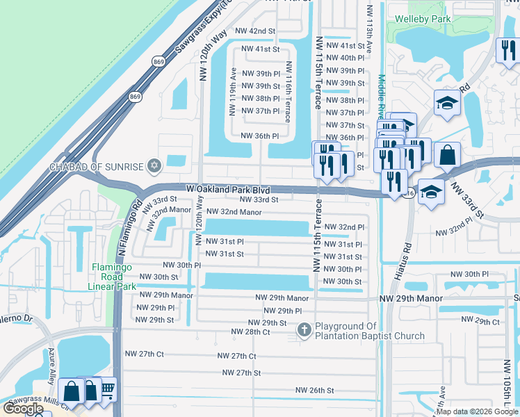 map of restaurants, bars, coffee shops, grocery stores, and more near 11761 Northwest 32nd Manor in Sunrise