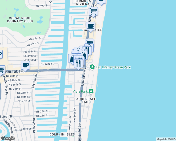 map of restaurants, bars, coffee shops, grocery stores, and more near 3057 Center Avenue in Fort Lauderdale