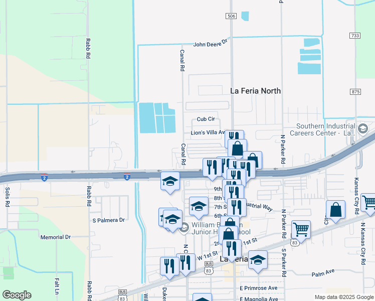 map of restaurants, bars, coffee shops, grocery stores, and more near 144 Blackfoot Street in La Feria