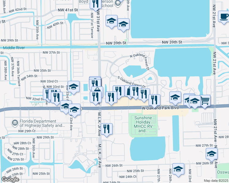 map of restaurants, bars, coffee shops, grocery stores, and more near 3056 South Oakland Forest Drive in Oakland Park