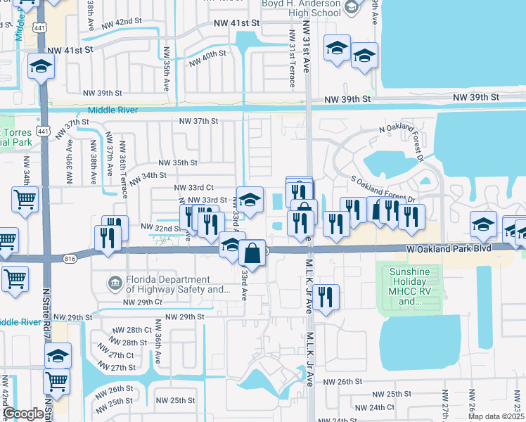 map of restaurants, bars, coffee shops, grocery stores, and more near 3239 Northwest 32nd Terrace in Lauderdale Lakes