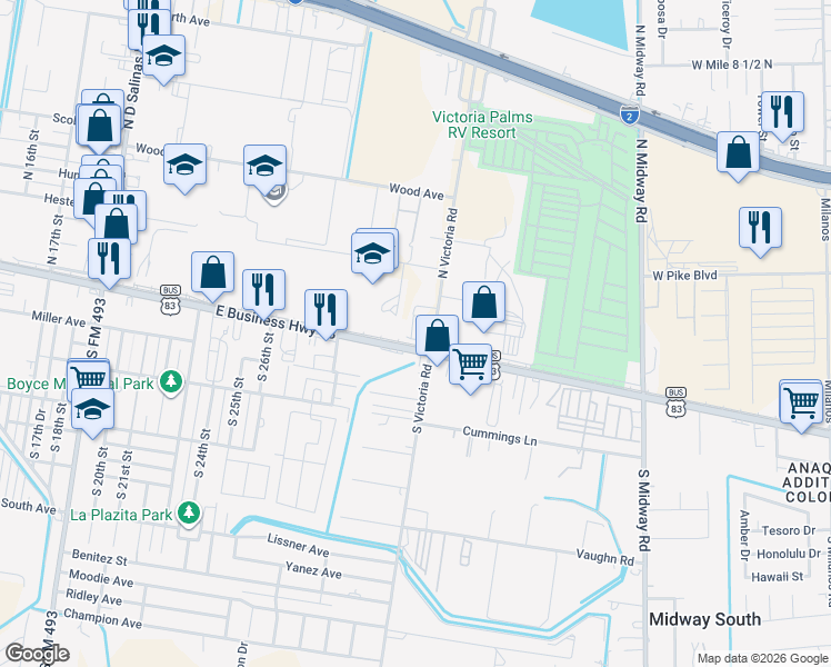 map of restaurants, bars, coffee shops, grocery stores, and more near 103 North Victoria Road in Donna