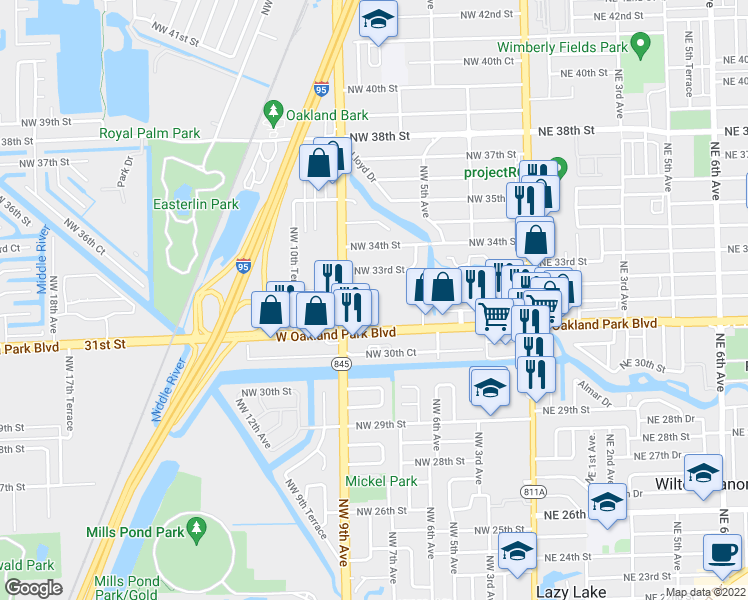 map of restaurants, bars, coffee shops, grocery stores, and more near 659 West Oakland Park Boulevard in Wilton Manors