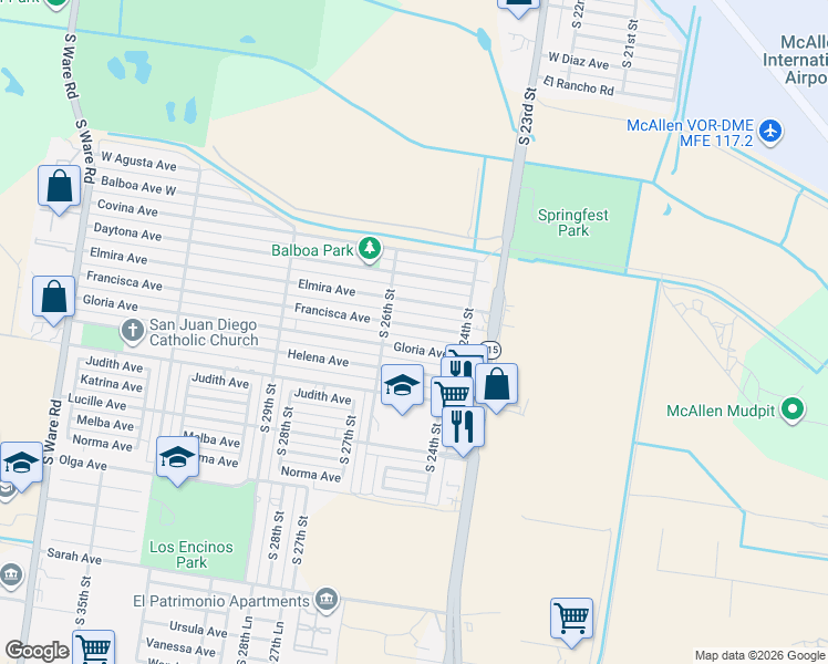 map of restaurants, bars, coffee shops, grocery stores, and more near 2505 Francisca Avenue in McAllen