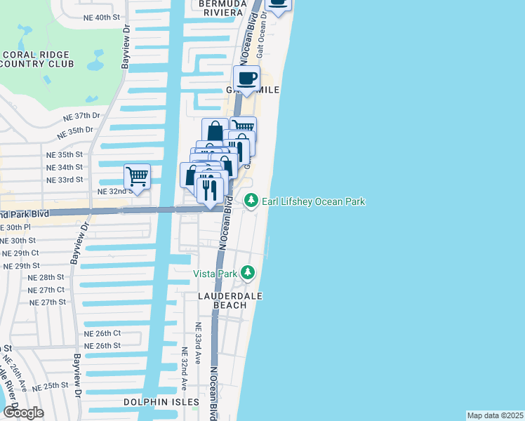 map of restaurants, bars, coffee shops, grocery stores, and more near 3066 North Atlantic Boulevard in Fort Lauderdale