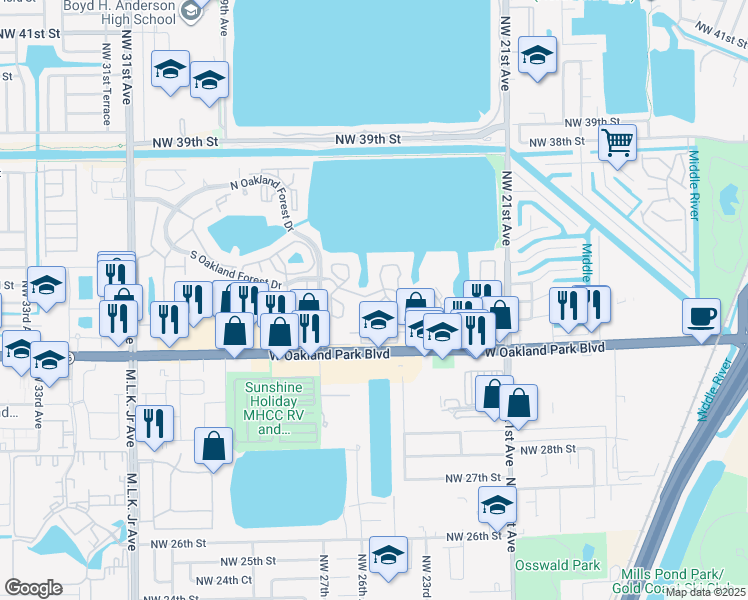 map of restaurants, bars, coffee shops, grocery stores, and more near 2460 Northwest 33rd Street in Oakland Park