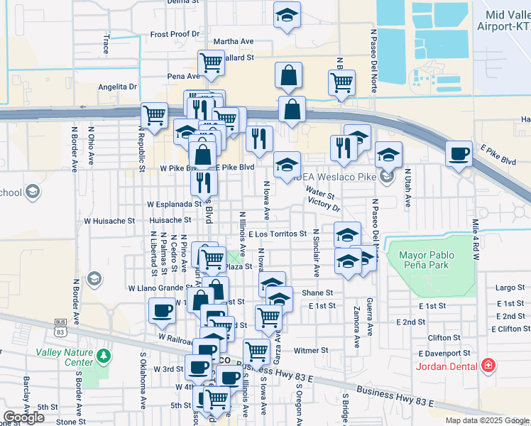 map of restaurants, bars, coffee shops, grocery stores, and more near 324 E Mesquite St in Weslaco