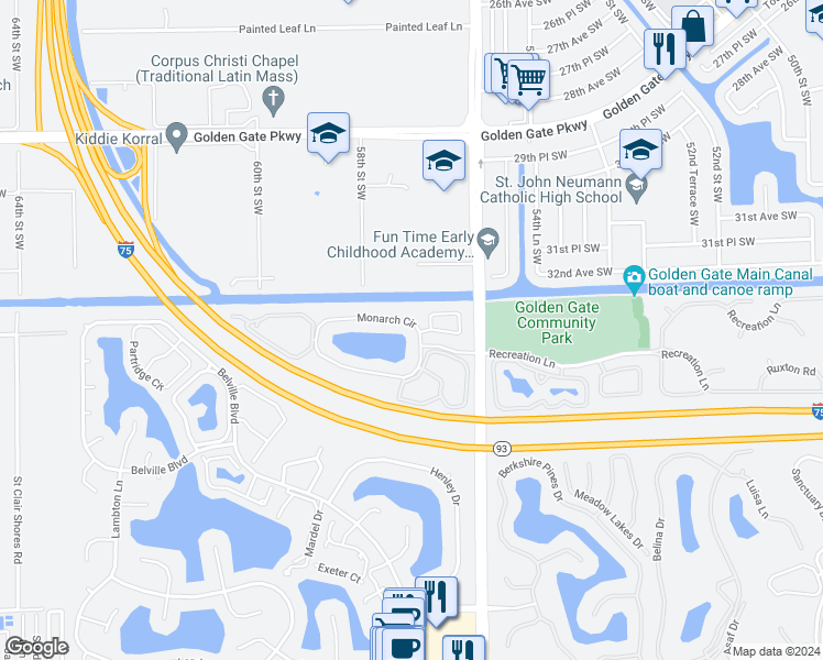 map of restaurants, bars, coffee shops, grocery stores, and more near 1308 Monarch Circle in Naples
