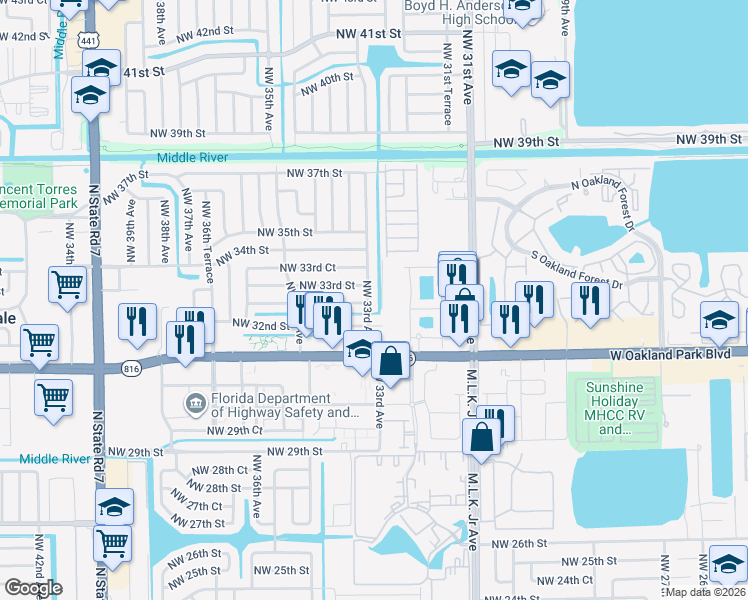 map of restaurants, bars, coffee shops, grocery stores, and more near 3300 Northwest 33rd Avenue in Lauderdale Lakes