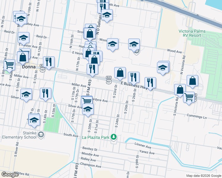map of restaurants, bars, coffee shops, grocery stores, and more near 2204 Miller Avenue in Donna