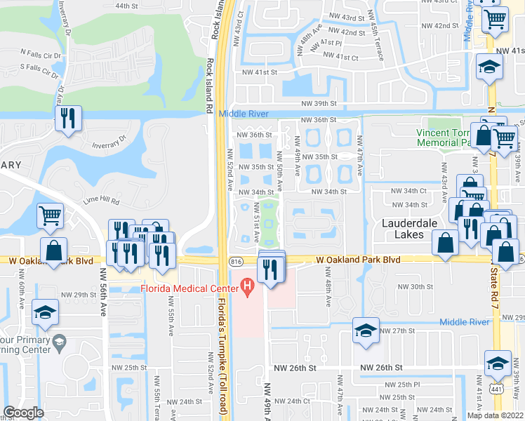 map of restaurants, bars, coffee shops, grocery stores, and more near 211 Northwest 51st Avenue in Lauderdale Lakes