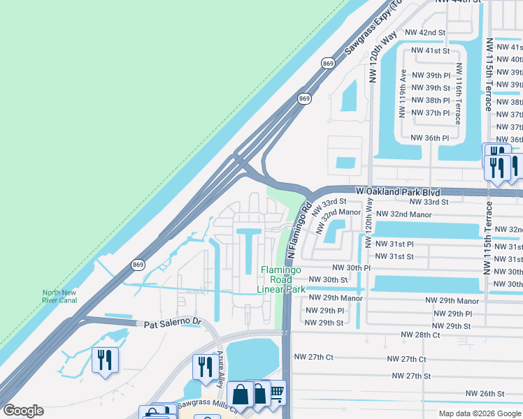 map of restaurants, bars, coffee shops, grocery stores, and more near 3300 Northwest 125th Way in Sunrise