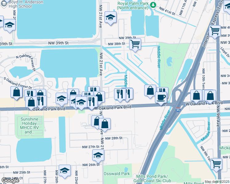 map of restaurants, bars, coffee shops, grocery stores, and more near 1950 Northwest 32nd Court in Oakland Park