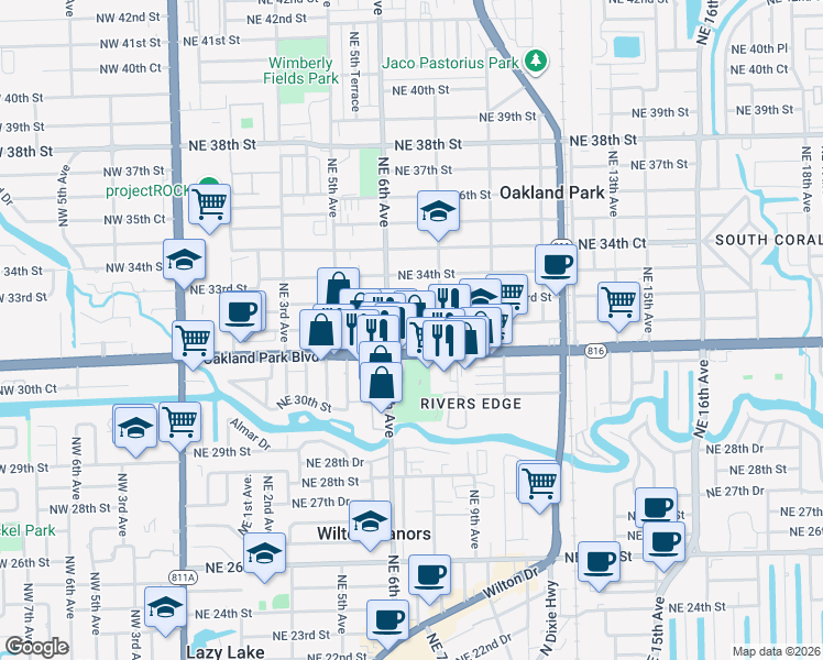 map of restaurants, bars, coffee shops, grocery stores, and more near 698 Northeast 32nd Street in Oakland Park