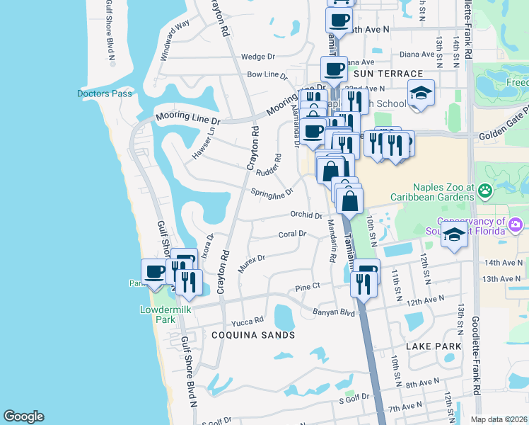 map of restaurants, bars, coffee shops, grocery stores, and more near 555 Orchid Drive in Naples