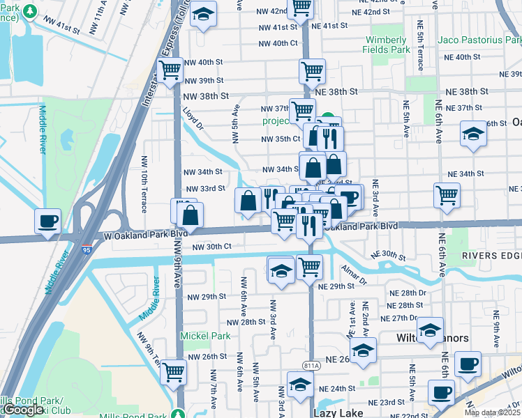 map of restaurants, bars, coffee shops, grocery stores, and more near 340 Northwest 32nd Court in Oakland Park