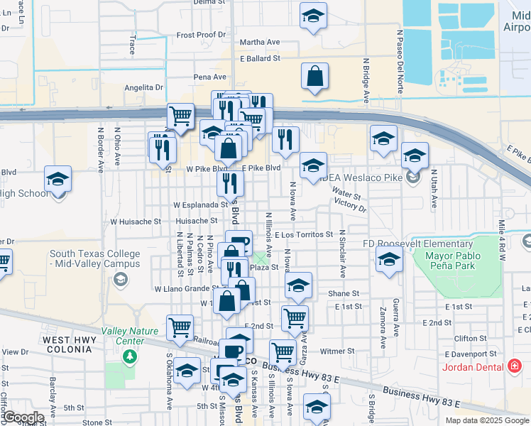 map of restaurants, bars, coffee shops, grocery stores, and more near 611 North Illinois Avenue in Weslaco