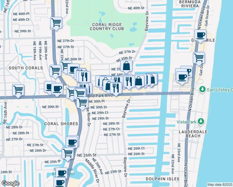 map of restaurants, bars, coffee shops, grocery stores, and more near 2739 East Oakland Park Boulevard in Fort Lauderdale